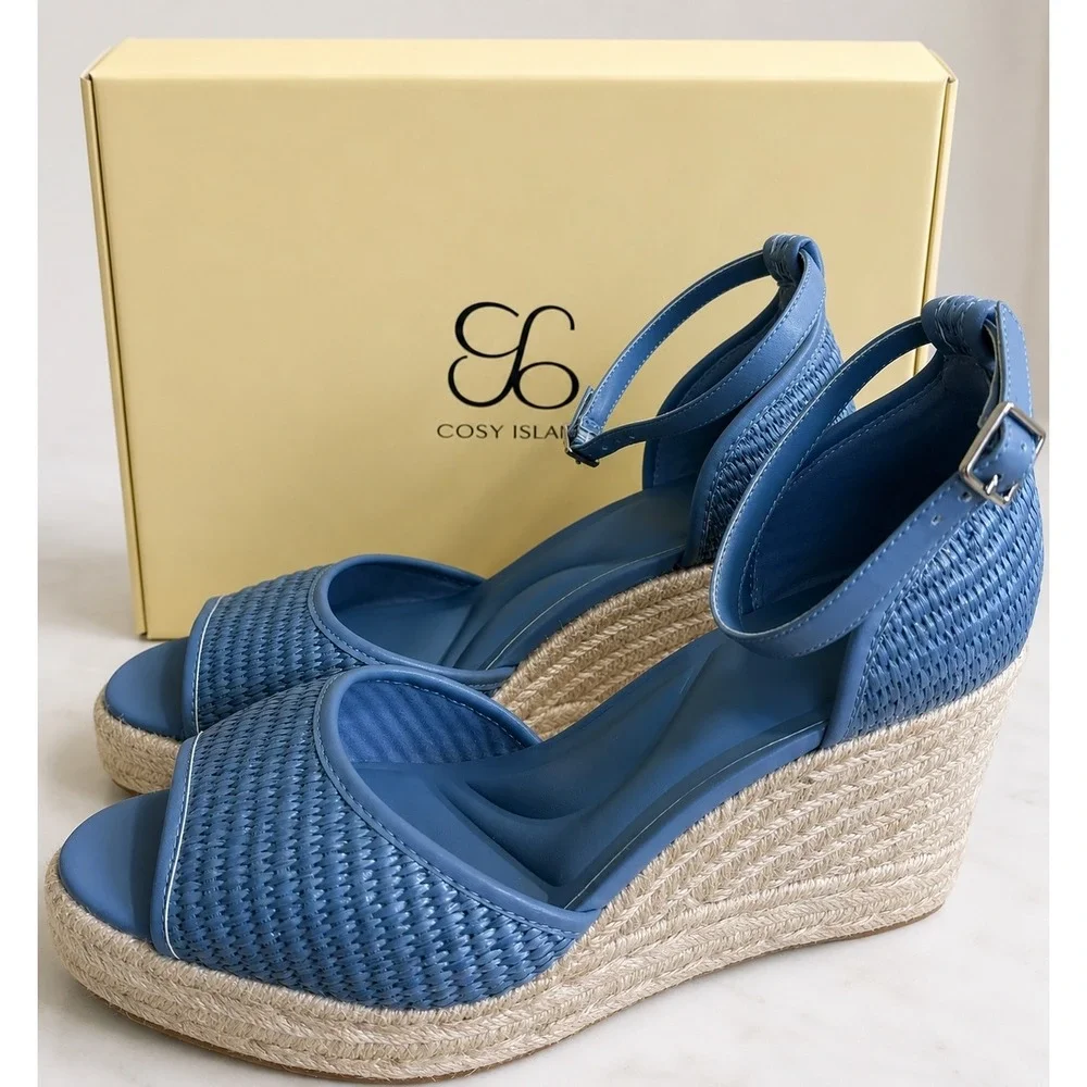COSY ISLAND Blue‎ Raffia Wedge Sandals Round Toe Espadrille Platform Ankle Strap